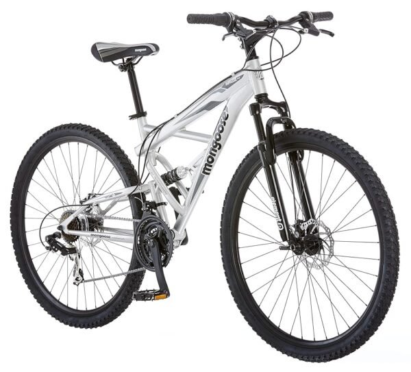 Mongoose Impasse Full Suspension Mountain Bike, Men and Women, 18-Inch Aluminum Frame, 29-Inch Wheels, Front and Rear Disc Brakes, Twist Shifters, 21-Speed Rear Deraileur, Silver Mongoose Impasse Full Suspension Mountain Bike, Men and Women, 18-Inch Aluminum Frame, 29-Inch Wheels, Front and Rear Disc Brakes, Twist Shifters, 21-Speed Rear Deraileur, Silver