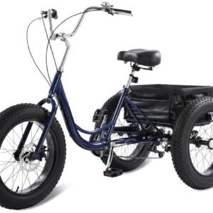 Adult Tricycle, 20-Inch Fat Tire 3-Wheel Bike, 7-Speed Heavy-Duty Trike with Dual Disc Brakes, 450 lb Capacity, Adjustable Handlebars & Seat, Large Basket