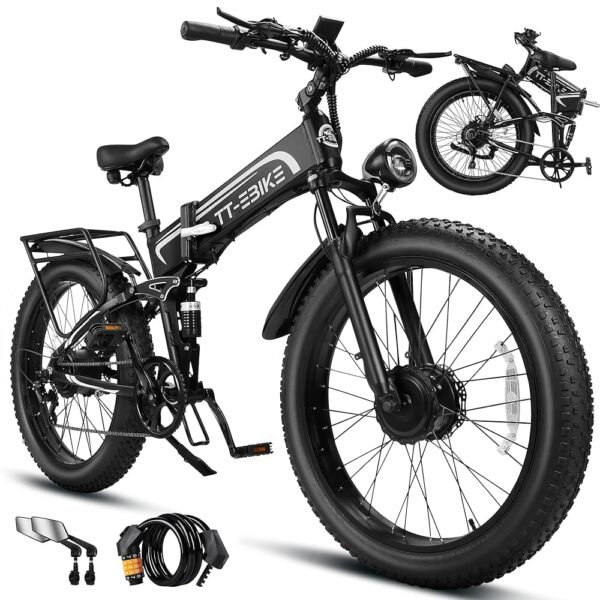 Dual:5000/4350/3000W, 2000W Electric Bike Adults 40/34 MPH with 52V 28/23AH Battery, 26 inch Fat Tire Mountain E Bike, Full Suspension Folding Ebike, Shim 7-Speed Gear