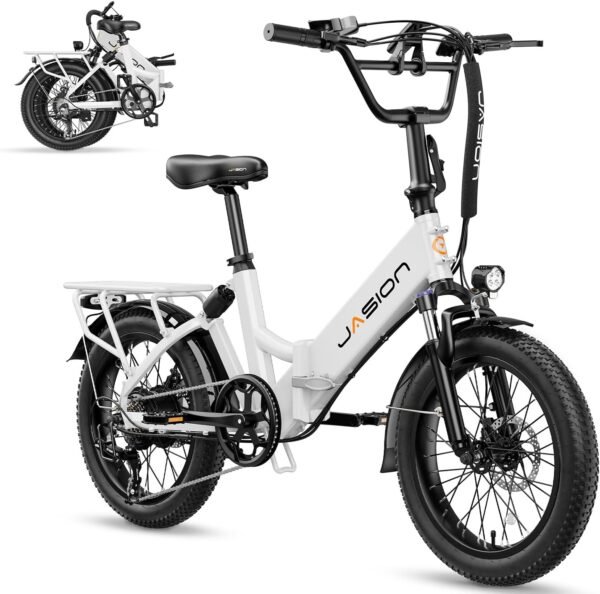 Jasion EB7 ST Electric Bike for Adults with 1200W Motor Peak, 480Wh Removable Battery 28MPH Max Speed & 55 Miles Range (PAS) [20" Fat Tire All-Terrain] Folding Step-Thru Ebike...