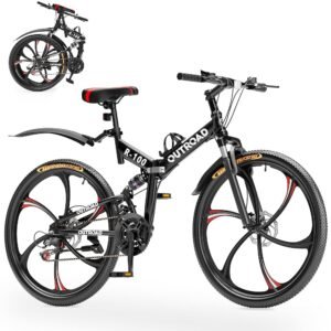 Outroad 26 Inch Folding Mountain Bike, 21 Speed Full Suspension High-Carbon Steel MTB Foldable Bicycle, Dual Disc Brake Non-Slip Folding Bikes for Adults/Men/Women, Black,...