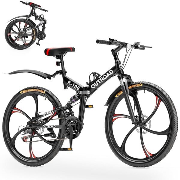 Outroad 26 Inch Folding Mountain Bike, 21 Speed Full Suspension High-Carbon Steel MTB Foldable Bicycle, Dual Disc Brake Non-Slip Folding Bikes for Adults/Men/Women, Black,... Outroad 26 Inch Folding Mountain Bike, 21 Speed Full Suspension High-Carbon Steel MTB Foldable Bicycle, Dual Disc Brake Non-Slip Folding Bikes for Adults/Men/Women, Black,...