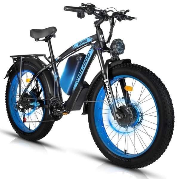 PHILODO Electric Bike for Adults, 48V 26Ah Fat Tire Ebike Dual Motor AWD 3000W Peak 35MPH Electric Bicycles 21-Speed with Ignition Lock Hydraulic Disc Brake